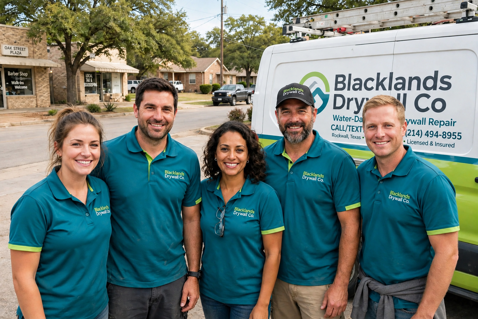 The Blacklands Drywall Co crew beside a branded work van in Rockwall, TX